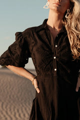 Eleanor Eyelet Lace Midi Dress in Black