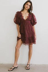 Tiana Embroidered Mini Dress in Red-Brown - FINAL SALE
