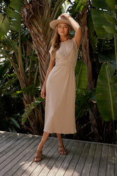 Vaeda Ribbed Tie Dress in Tan