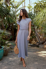 Vaeda Ribbed Tie Dress in Slate Blue - FINAL SALE