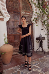Lane Embroidered Midi Dress in Black