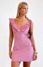 Ariette Red Gingham Frill Mini Dress