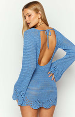 Li Blue Crochet Long Sleeve Mini Dress