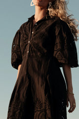 Eleanor Eyelet Lace Midi Dress in Black