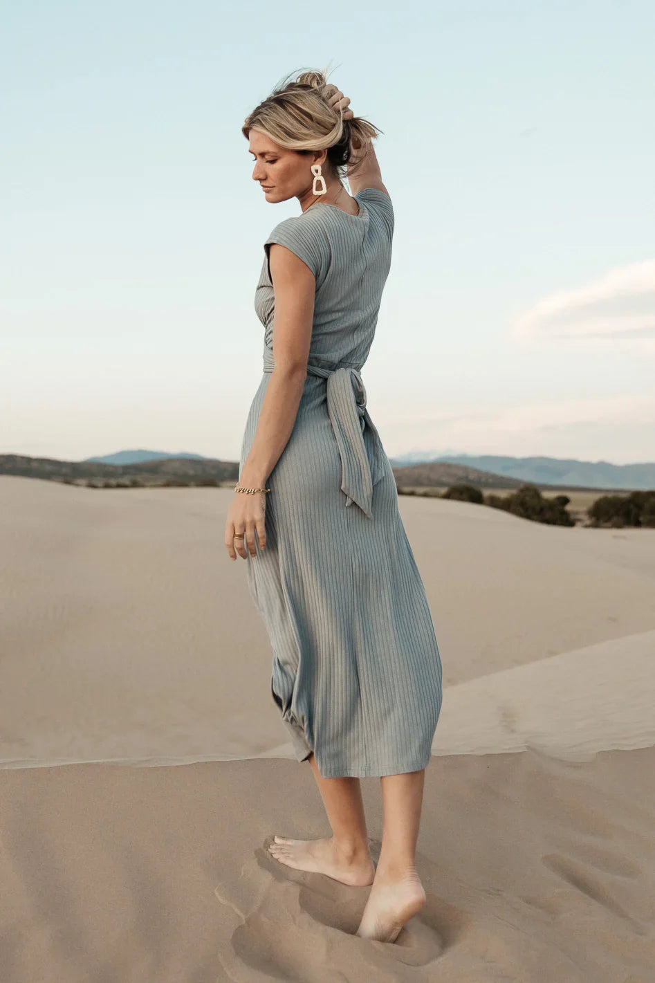 Vaeda Ribbed Tie Dress in Slate Blue - FINAL SALE