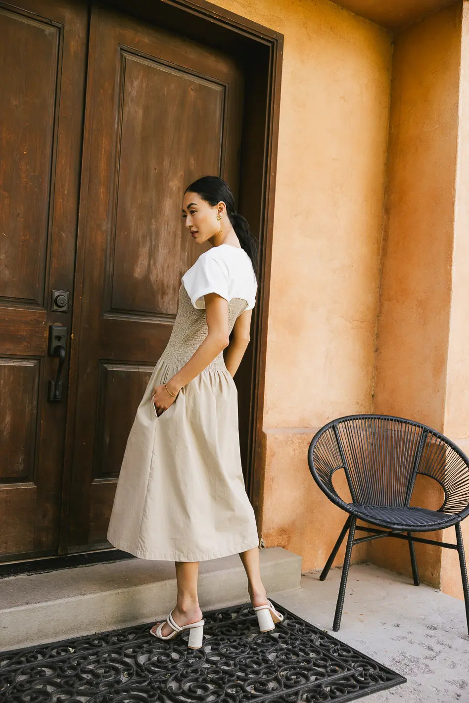 Florence Smocked Midi Dress in Taupe - FINAL SALE