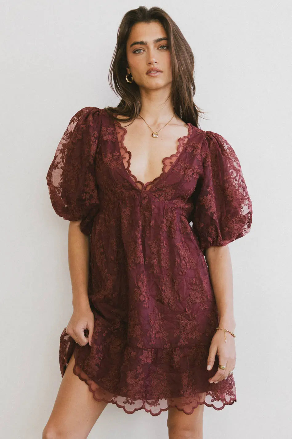 Tiana Embroidered Mini Dress in Red-Brown - FINAL SALE