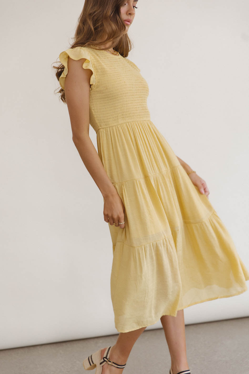 Cara Smocked Midi Dress in Yellow - FINAL SALE