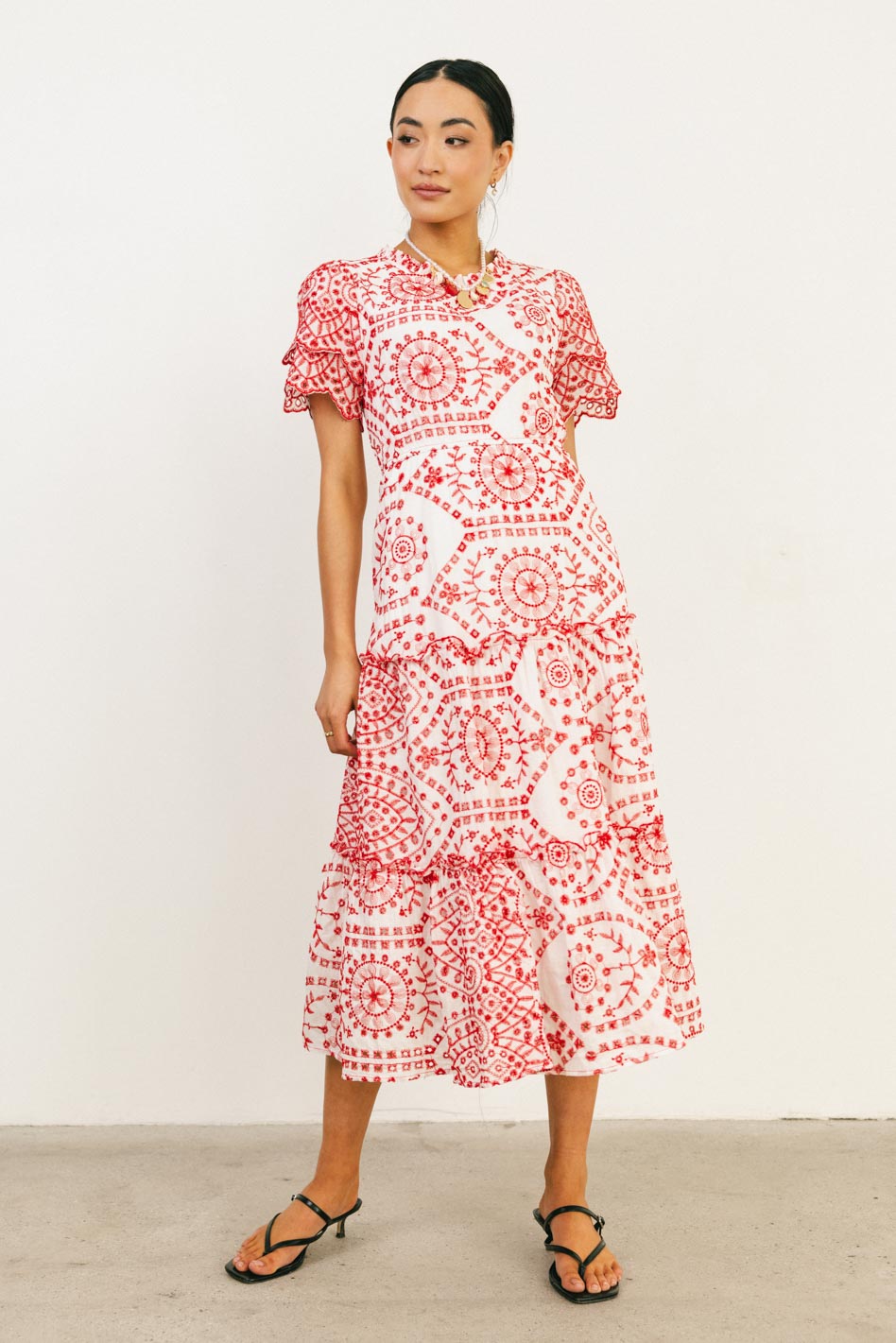 Alena Eyelet Lace Dress in Red