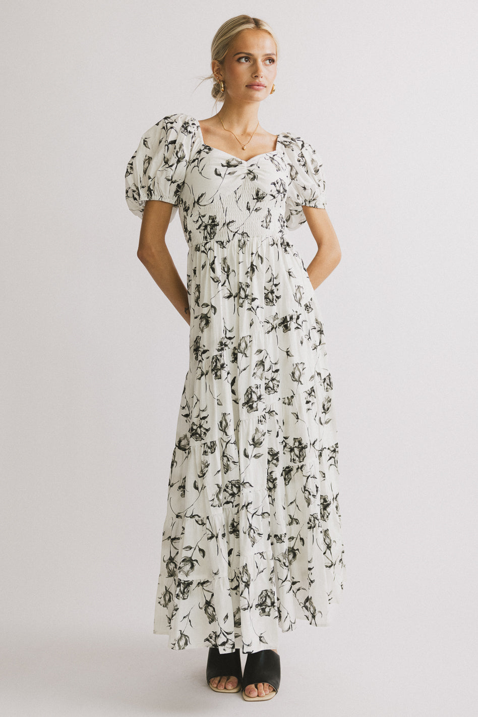Robbie Floral Midi Dress in White - FINAL SALE