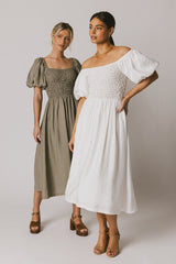 Janie Smocked Midi Dress in White - FINAL SALE