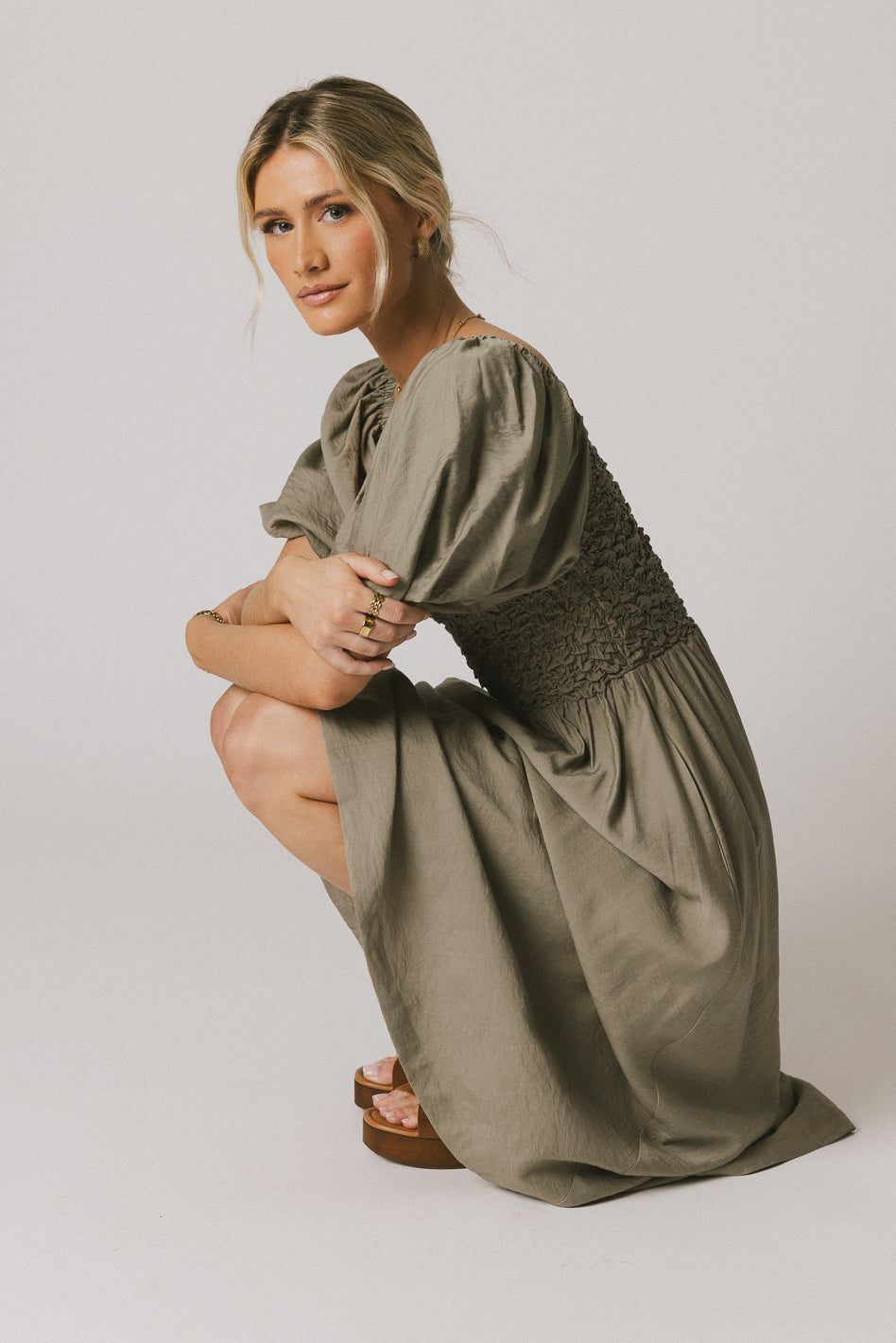 Janie Smocked Midi Dress in Olive - FINAL SALE