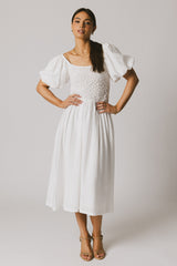 Janie Smocked Midi Dress in White - FINAL SALE