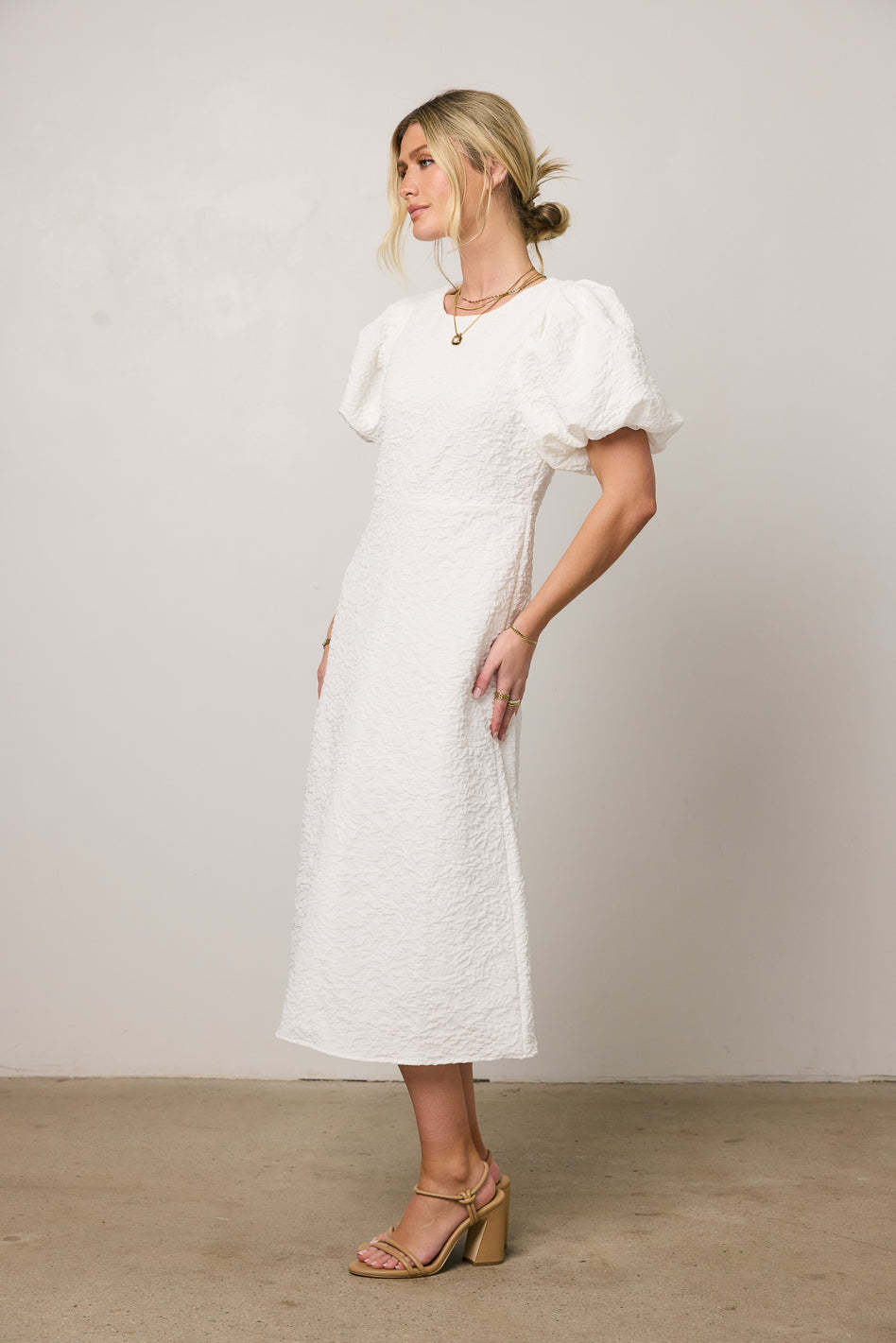 Henry Textured Midi Dress in White - FINAL SALE