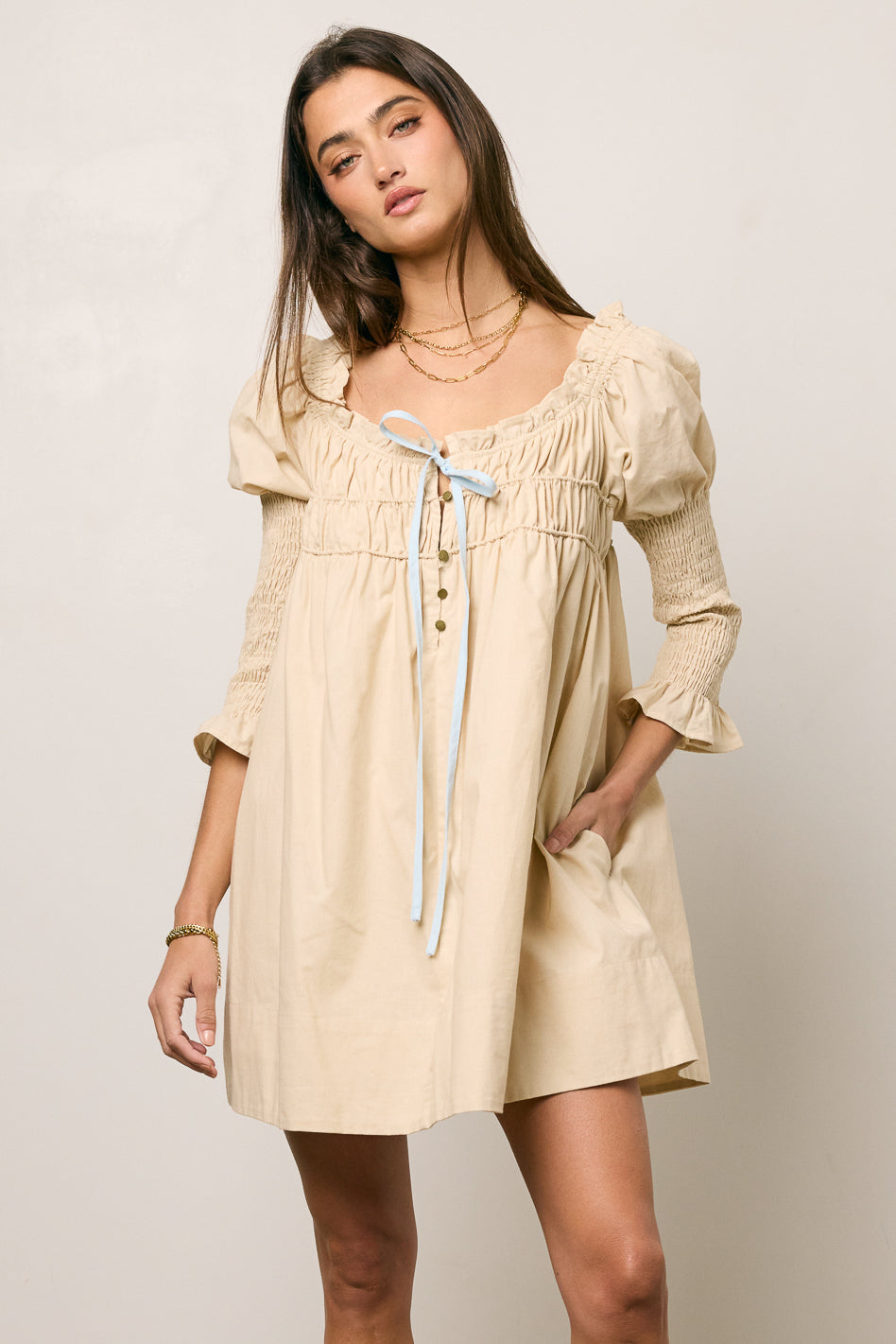 Nolan Babydoll Dress in Beige - FINAL SALE