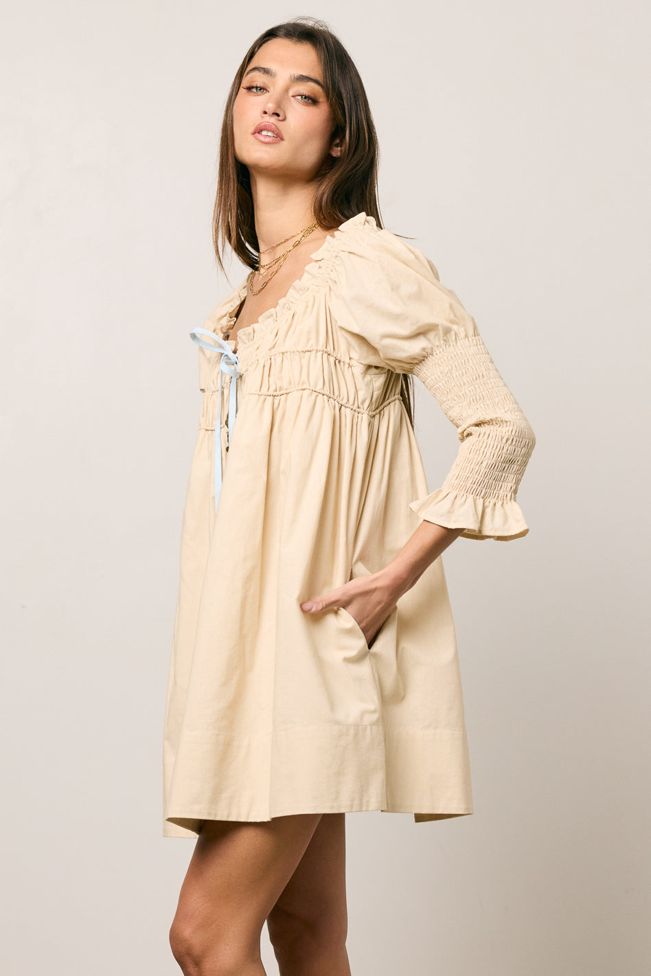 Nolan Babydoll Dress in Beige - FINAL SALE
