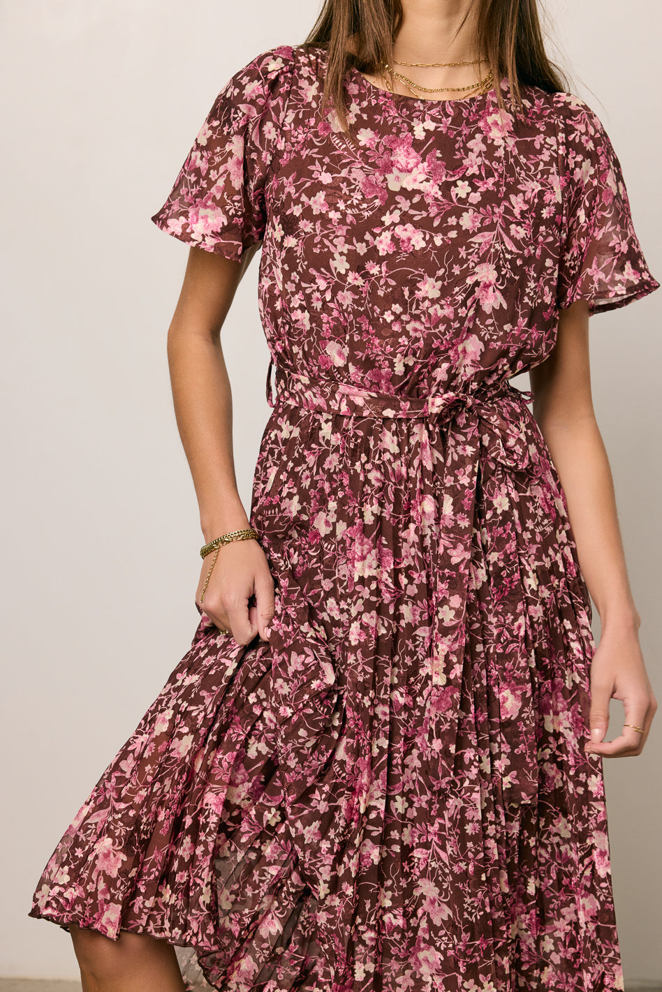 Mary Anne Floral Midi Dress in Brown - FINAL SALE
