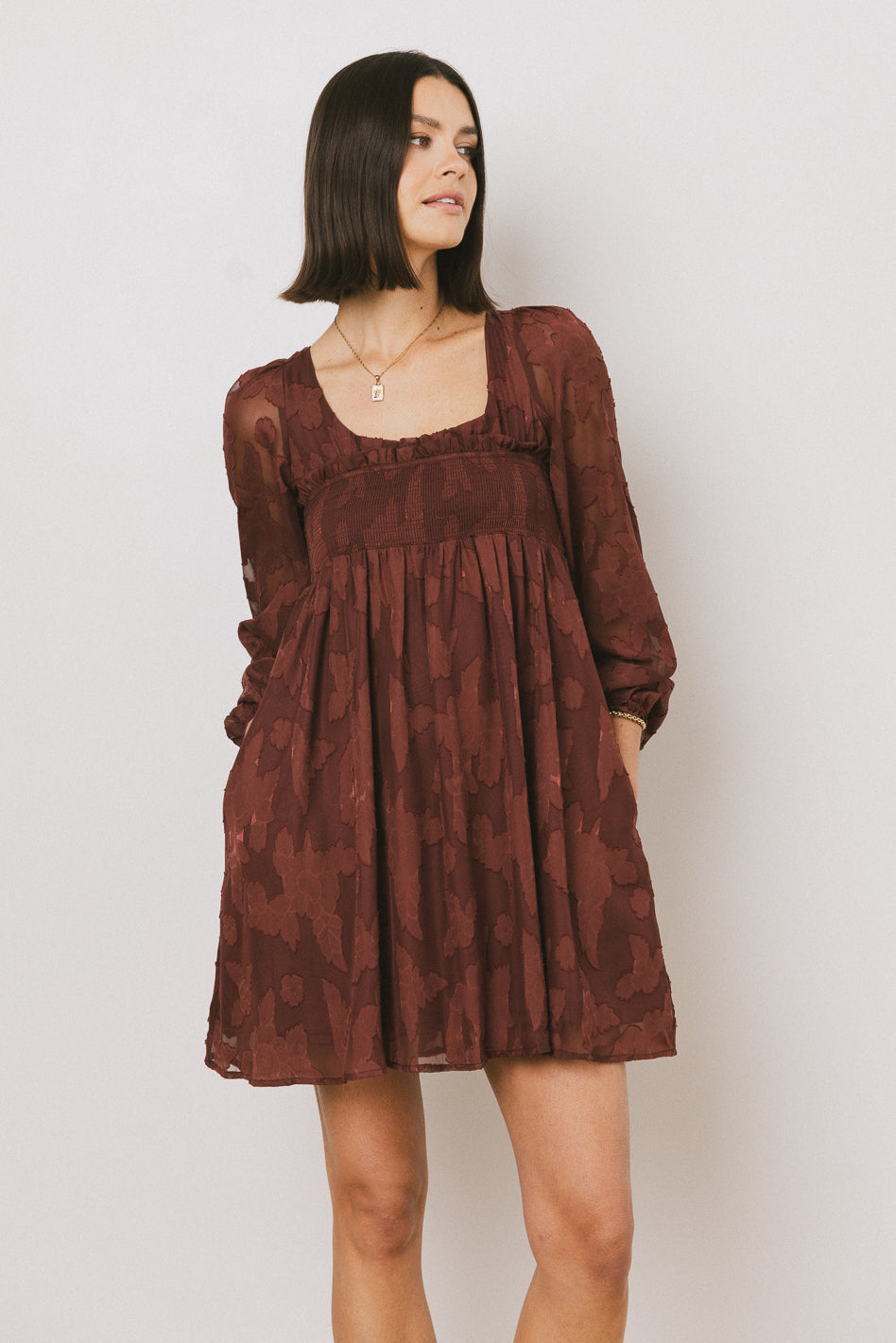 Miles Smocked Mini Dress in Red-Brown