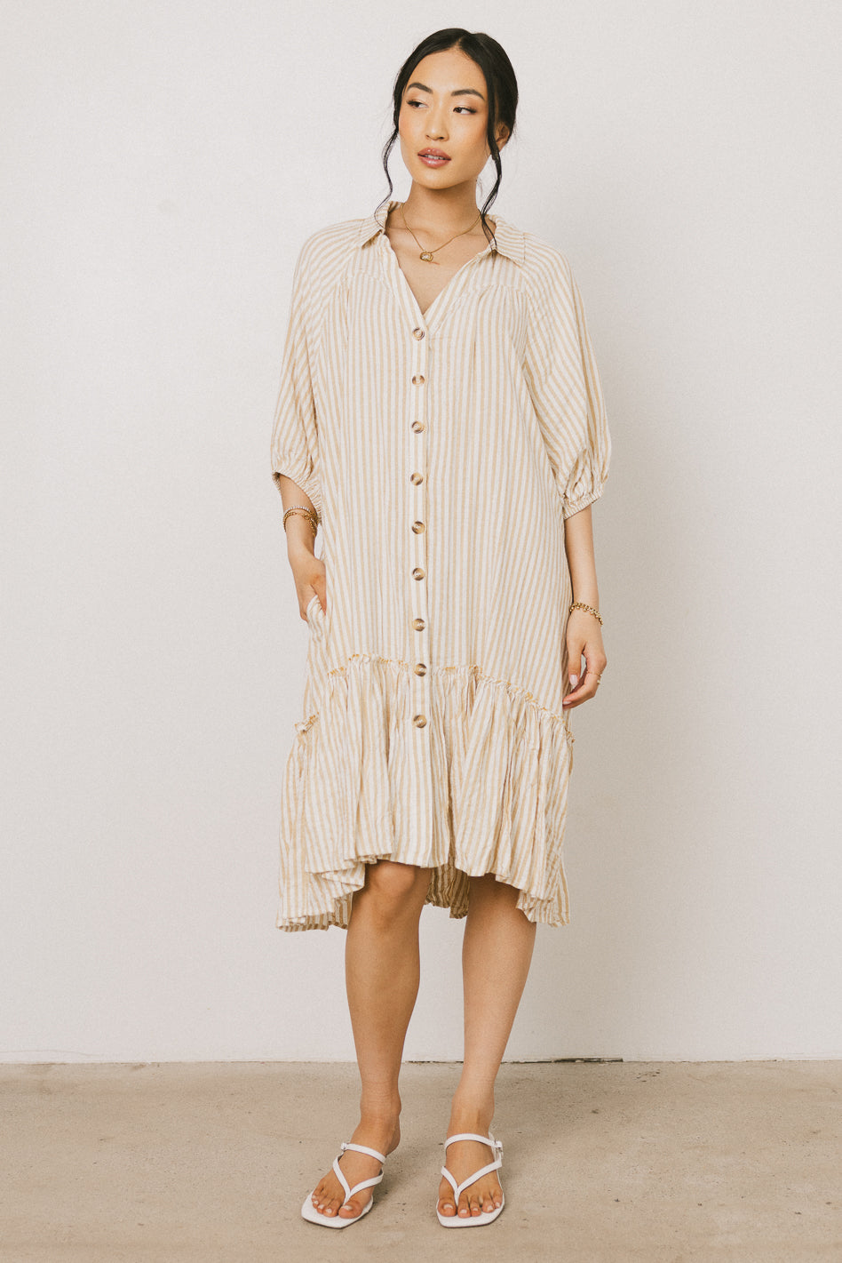 Theo Striped Midi Dress in Mustard