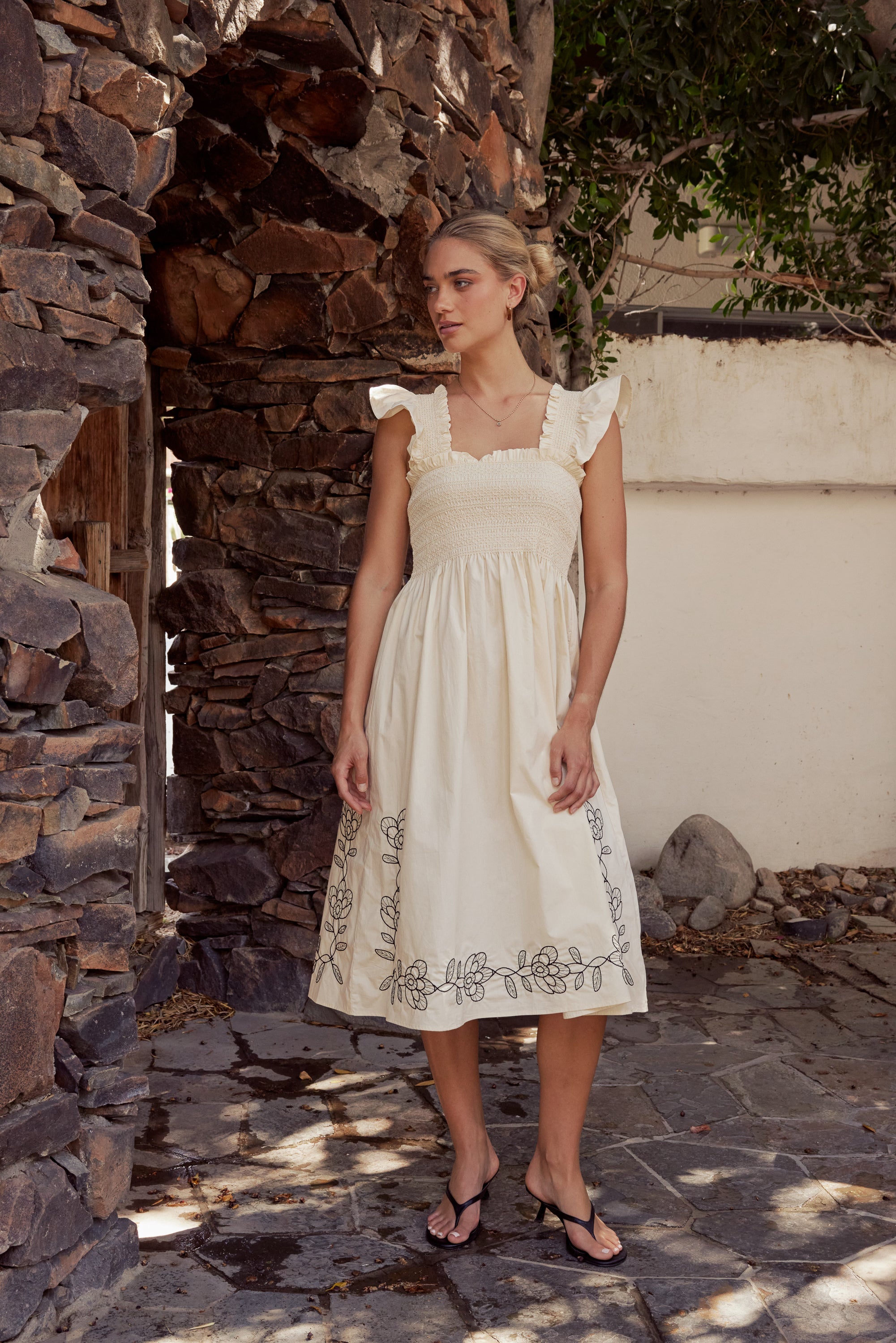 Lane Embroidered Midi Dress in Cream