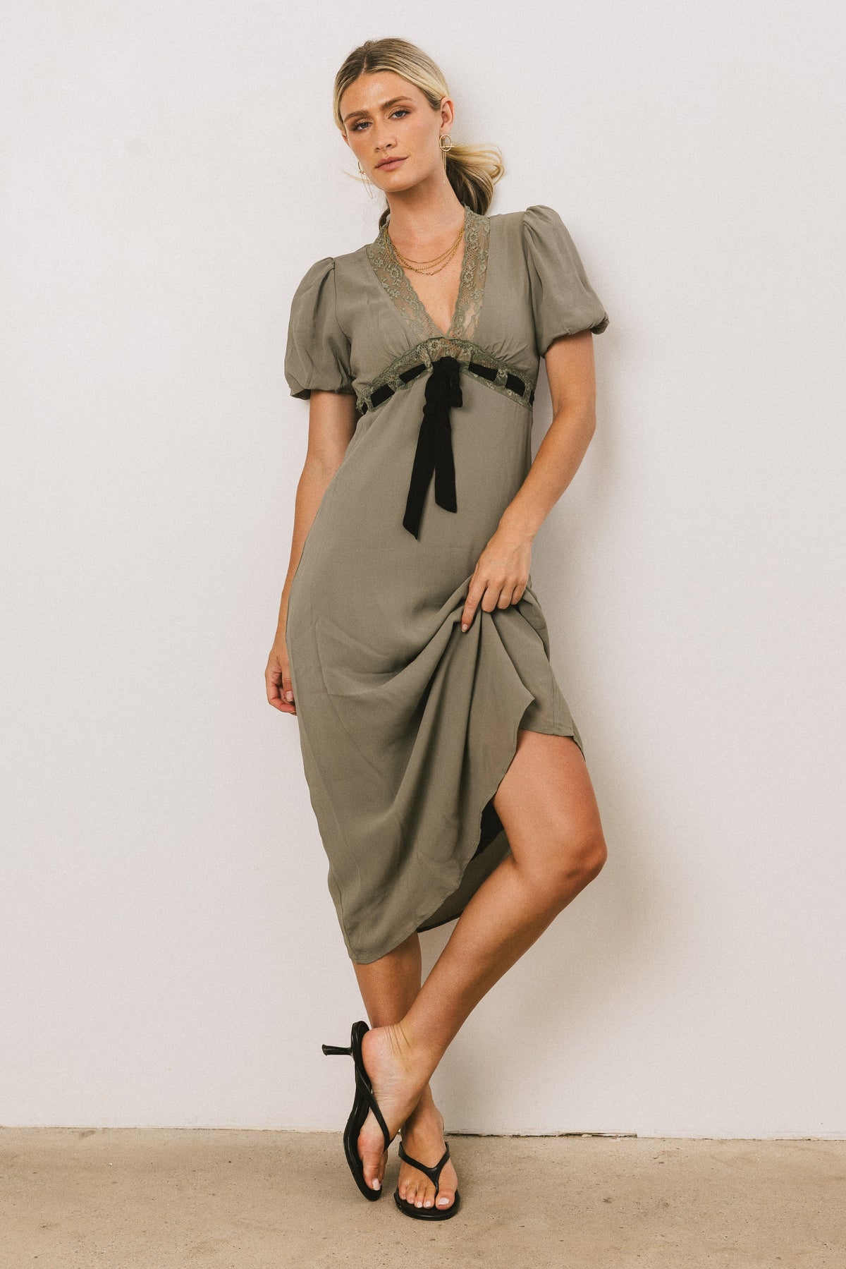 Selah Lace Trim Midi Dress in Sage