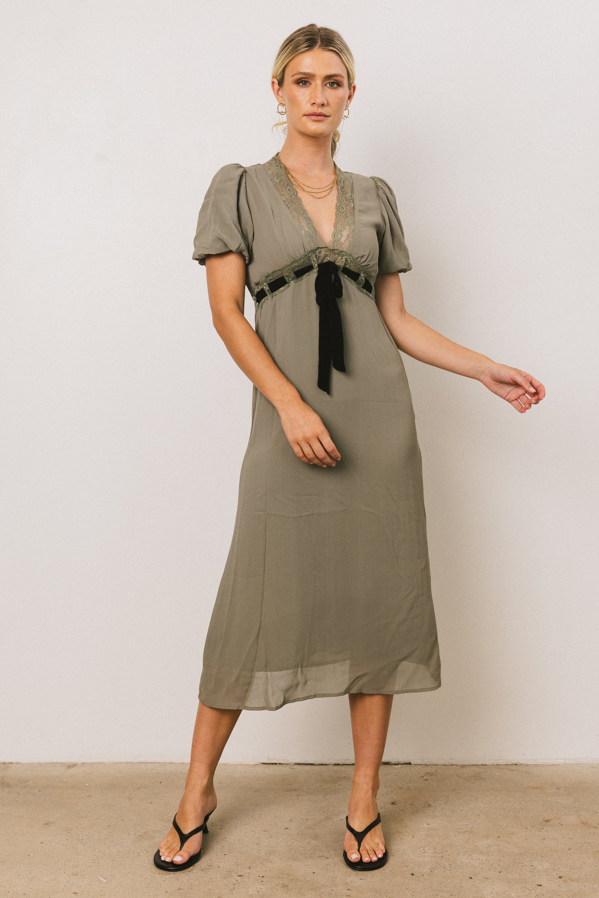 Selah Lace Trim Midi Dress in Sage