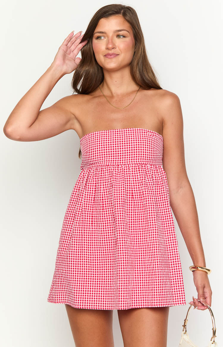 Berrie Red Gingham Strapless Mini Dress