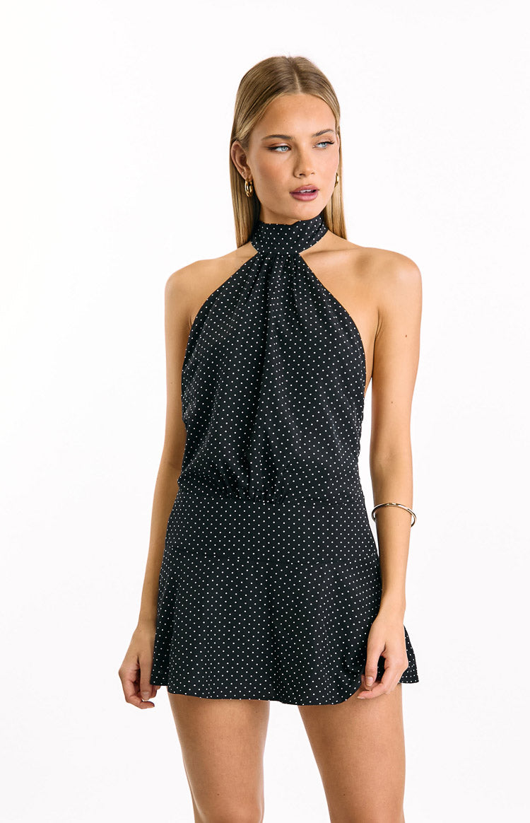 Bryan Black Polka Dot Halter Neck Mini Dress
