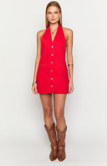 Corbin Red Denim Halter Neck Mini Dress