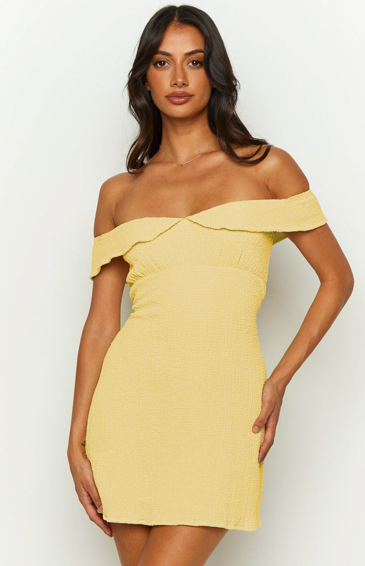 Daydreaming Yellow Off Shoulder Mini Dress