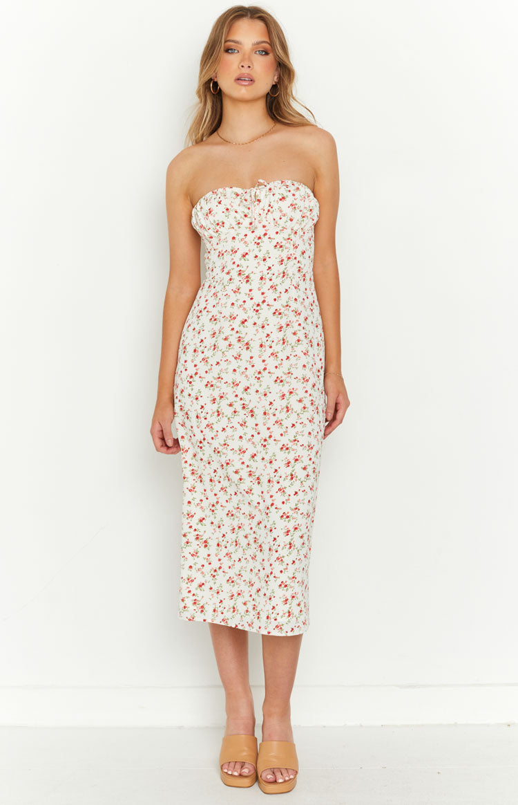 Dion White Floral Strapless Midi Dress