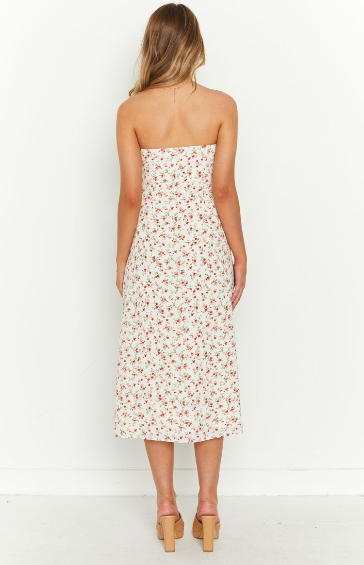 Dion White Floral Strapless Midi Dress