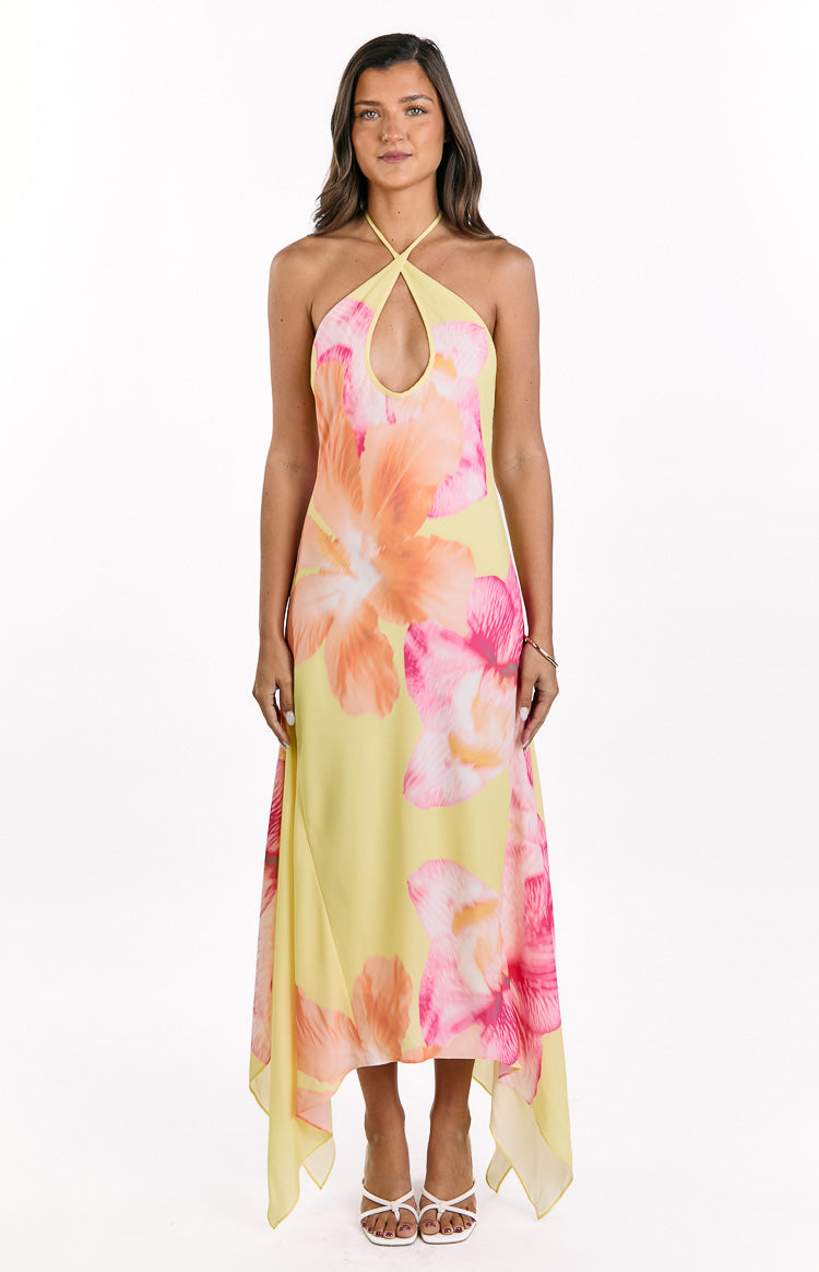 Elowen Yellow Hibiscus Floral Halter Maxi Dress
