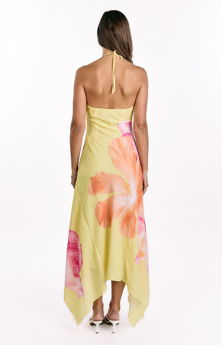Elowen Yellow Hibiscus Floral Halter Maxi Dress