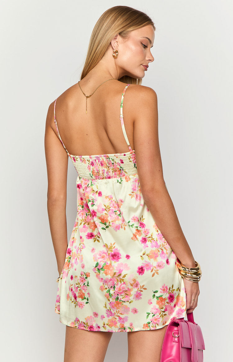 Elsa Yellow Bloom Satin Mini Dress