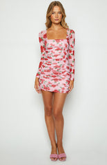 Estee Pink Print Long Sleeve Mesh Mini Party Dress