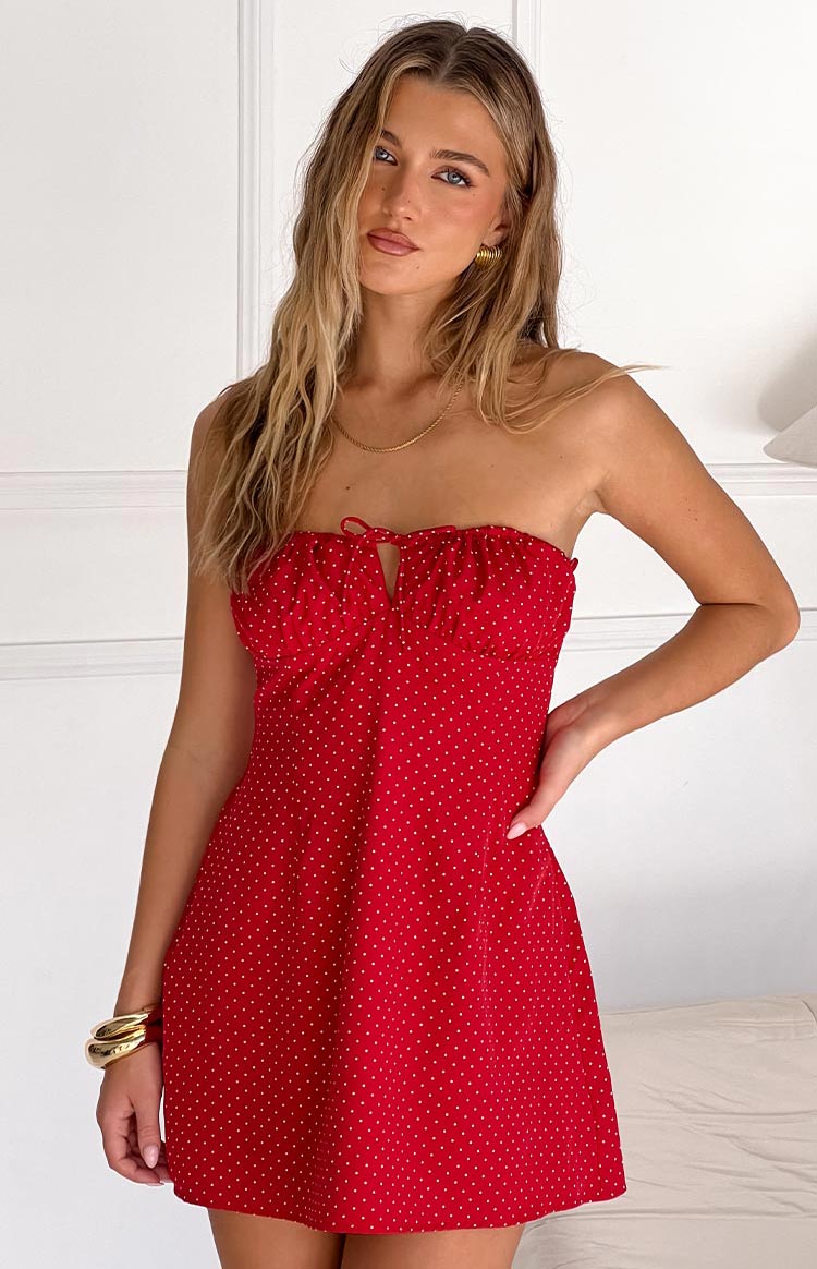 Faith Red Polka Dot Strapless Mini Dress