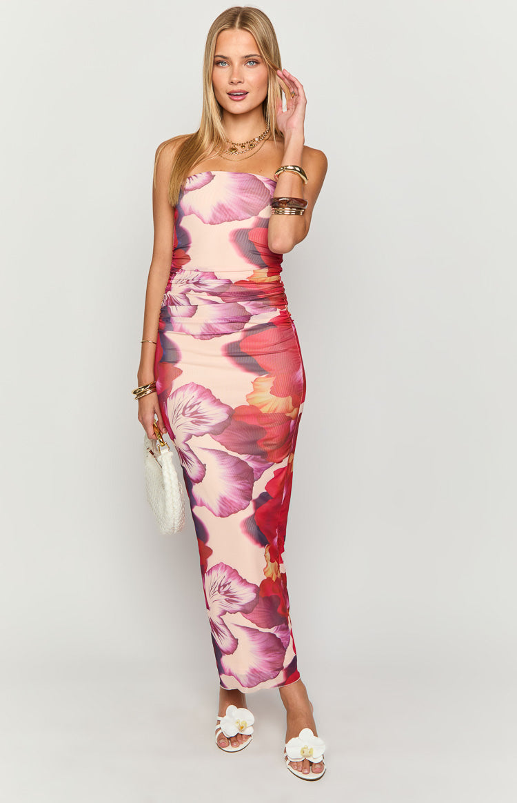Imogen Purple Floral Print Strapless Maxi Dress