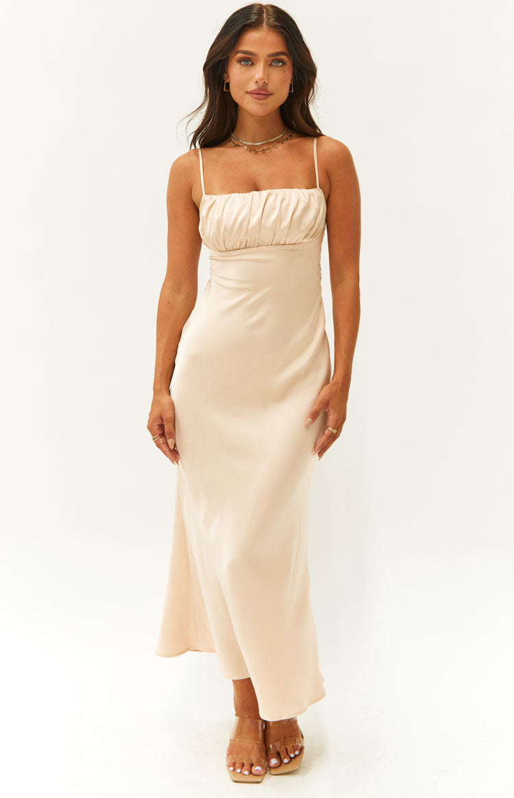 Koralie Champagne Satin Formal Midi Dress