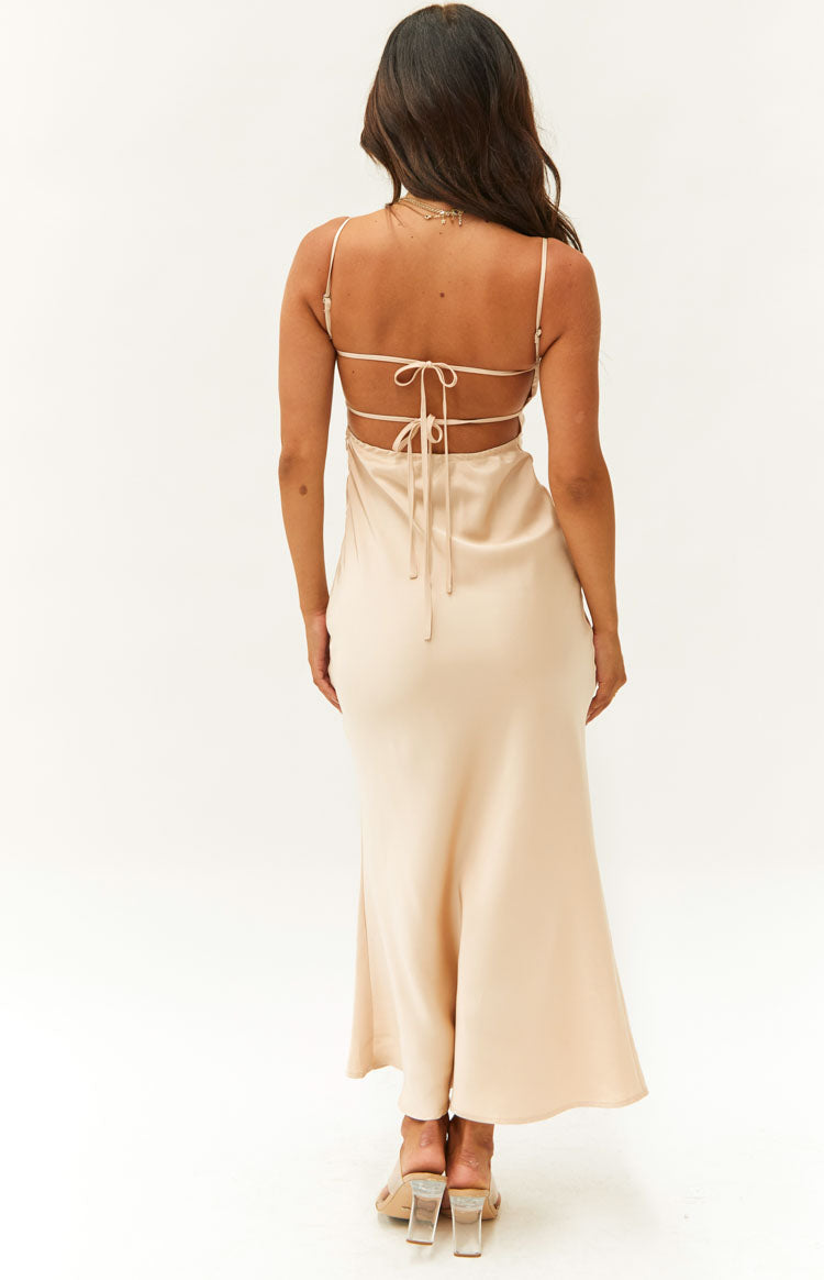 Koralie Champagne Satin Formal Midi Dress