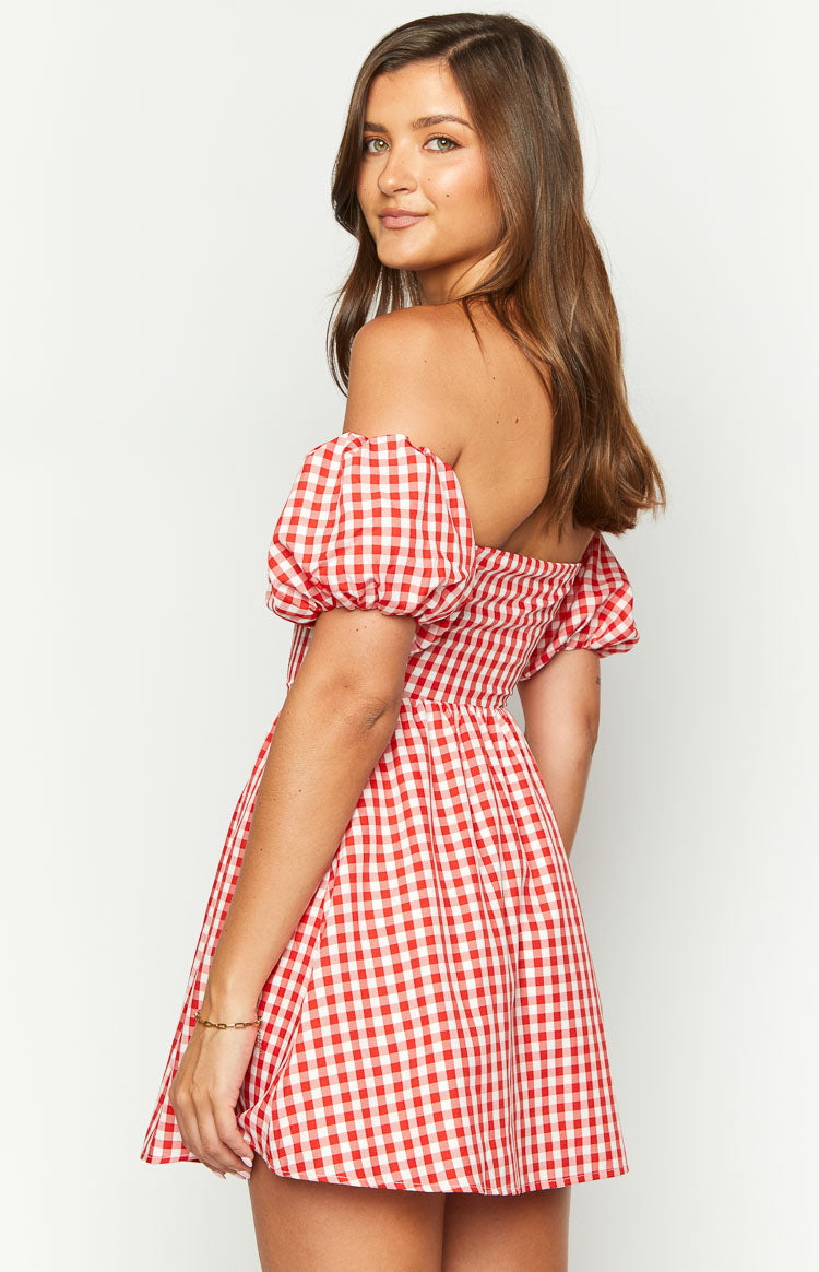 Love Lost Off The Shoulder Red Gingham Mini Dress