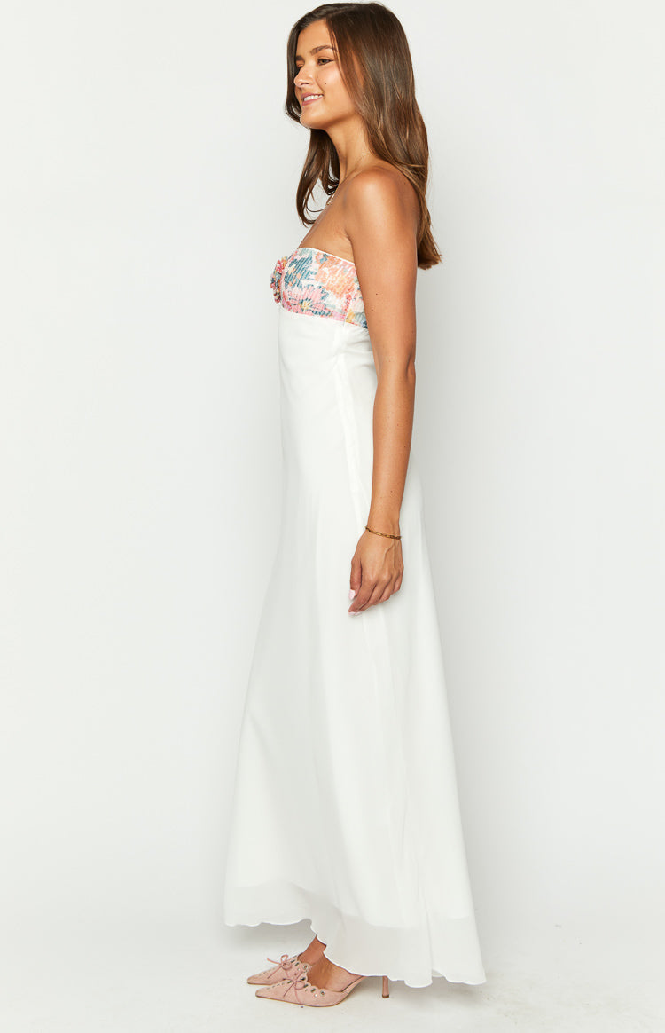 Lyric White Rose Sequin Strapless Maxi Dress