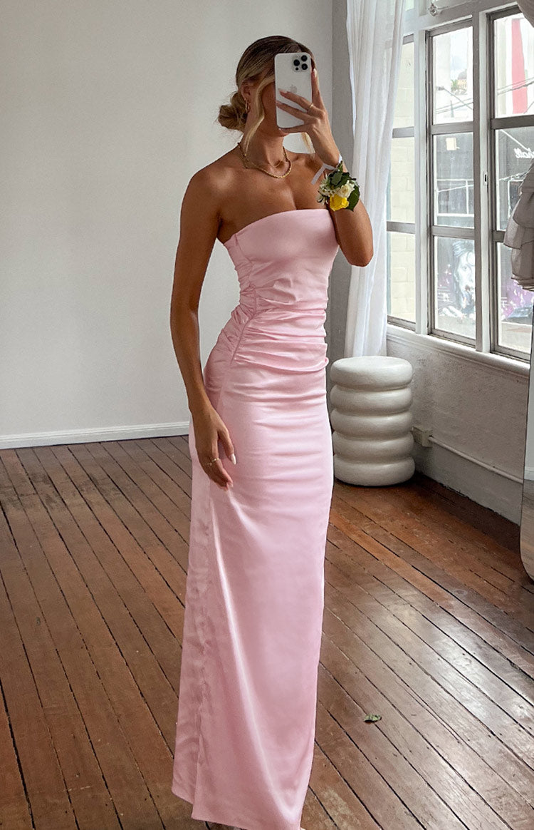 Pink Bloom Satin Strapless Maxi Dress