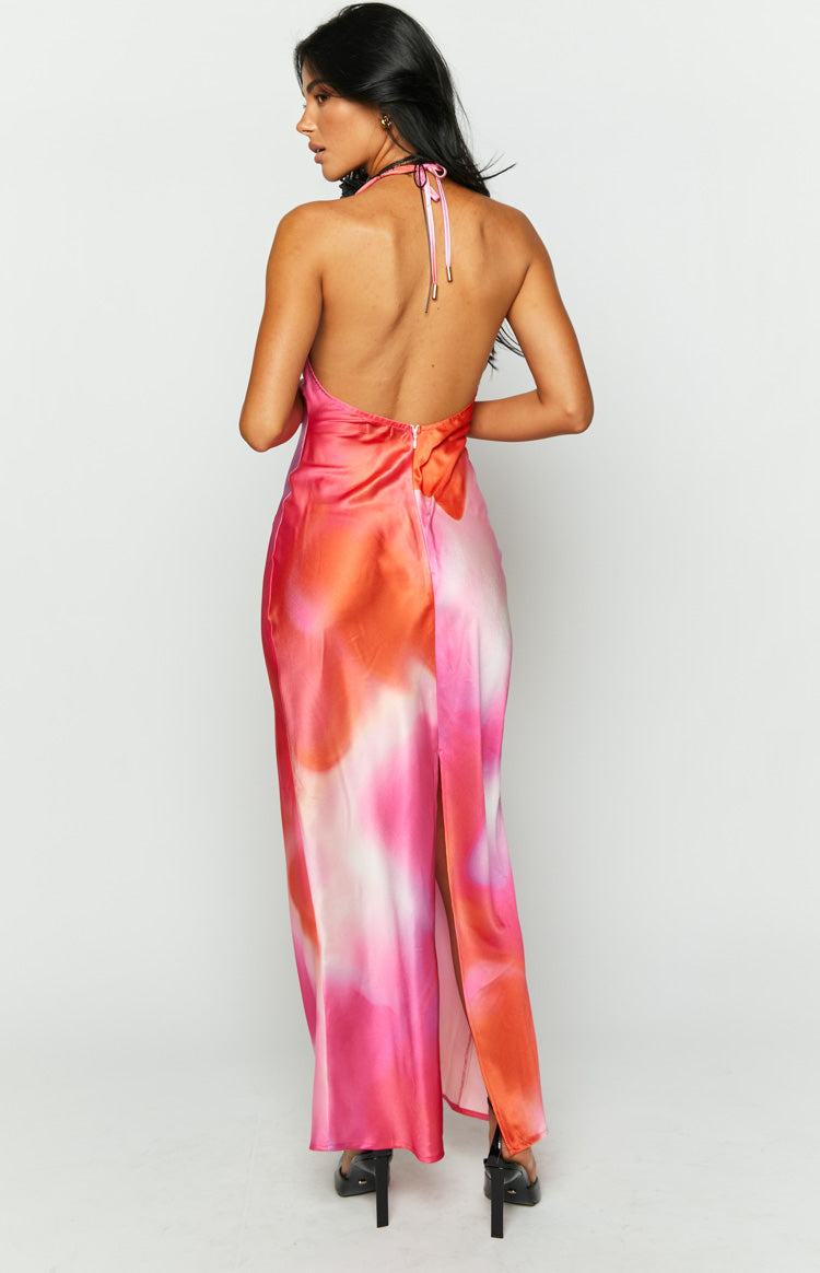 Valletta Pink Print Halter Neck Maxi Dress