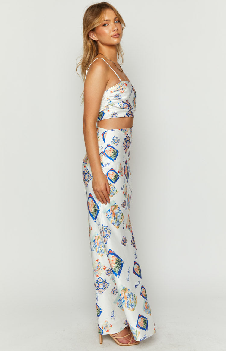 Willa White Satin Italia Print Maxi Dress